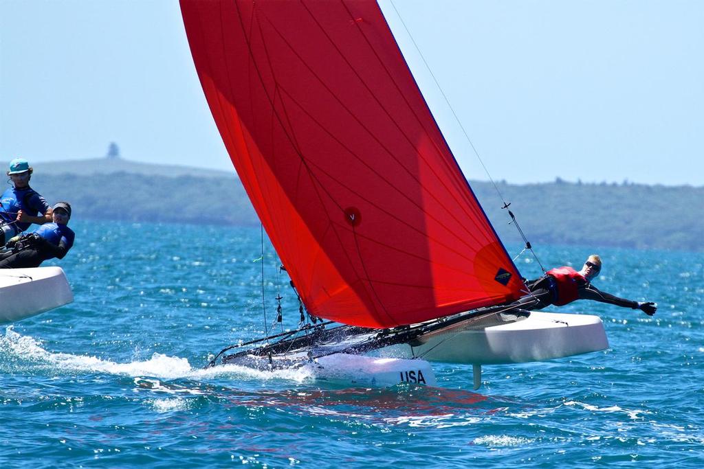 Silver medalists in the Nacra 15 - USA's Screve and Brill are pushed hard by ITA on their final approach to the finish, in a very tight points situation - Aon Youth Worlds 2016, Torbay, Auckland, New Zealand, Day 5, December 19, 2016 © Richard Gladwell www.photosport.co.nz